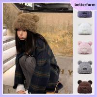 BETTERFORM อบอุ่นและอบอุ่น น่ารักน่ารักๆ หูหมี หมวกถักนิตติ้ง หมวกแก๊ปเย็น ถักนิตติ้ง หมวกขนสัตว์ขนสัตว์