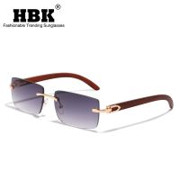 HBK Fashion Rimless Sunglasses Men Steampunk Frameless Eye Glasses Wood Grain Rectangle Gafas Oculos Gradient Shades Sunglasses