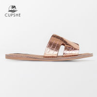 CUPSHE Rose Gold Wide Strap Slide Sandals For Women 2022 Summer Beach Open Toe Low Heel Sandals Casual Flip Flop Shoes