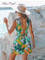 Tropical Leaf พิมพ์ Self Tie ชุดมินิสำหรับผู้หญิงเซ็กซี่ Plunge Neck Beach Holiday A-Line ชุด2023ฤดูร้อนหญิง Sundress