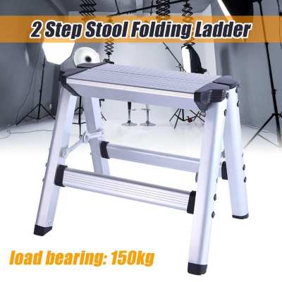 Folding Ladder Aluminium Platform 2-Step Tool Ladder Maximum 150KG Load Safety Anti Slip Double-sided Ladder with Thick Stairs