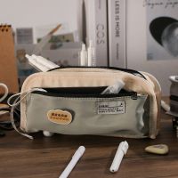 ¤✜ Simple Fashion Triple-layer Canvas Pencil Bag Large Capacity Pencil Case Pen Pencil Holder Student Stationery Organizer