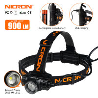 NICRON LED ไฟหน้า H30F 9W Super High Brightness Focus LED Zoomable re-chargeable ไฟฉายแบบพกพากันน้ำ IPX8 900LM ไฟหน้า USB ไฟฉายโคมไฟ H30F