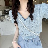 Hollow-Out Knitted Short-Sleeved Beautiful T-Shirt Womens Summer Thin Cardigan Short V-Neck Top Western Style Youthful-Looking Sweet Small Shirt