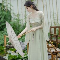 เสื้อผ้าแฟชั่นสำหรับสุภาพสตรี New Chinese style costume wide sleeve flow fairy green hanfu elements daily chest Ru skirt female elegant dust summer dress