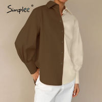 Simplee Autumn Color Block Casual Women Blouse Solid Cotton Lapel Collar Office Lady Shirt Full Lantern Sleeves Female Top