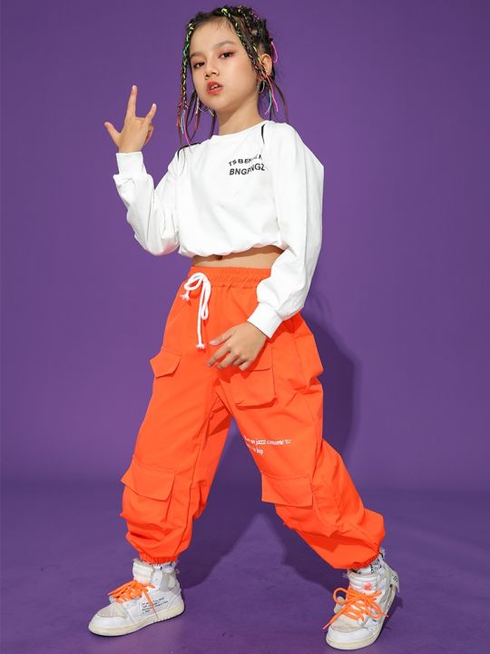 2023-kids-jazz-dance-costume-girls-crop-tops-orange-cargo-pants-hip-hop-clothes-modern-dance-performance-suit-kpop-outfit-bl9901