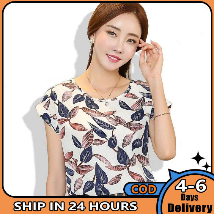 ซื้อ1แถม1ของขวัญฟรี-เสื้อผู้หญิงพิมพ์ลายสีสันสดใสเสื้อคอกลมแขนสั้นผ้าชีฟองเสื้อเชิ้ตพลัสไซส์