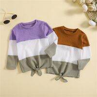 【CW】Suefunskry Kids Girls T-shirt  Long Sleeve Crew Neck Striped Contrast Color Knotted Spring Fall Tops for Casual Daily 5-12Years