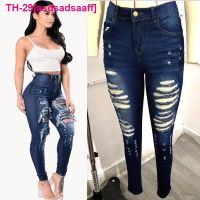 asdsadsaaff กางเกงยีนส์ Calça rasgada de cintura alta feminina elástica justa ยกสะโพก กางเกงยีนส์ calça lápis Casual Feminina S-3XL roupas da moda novo 2023