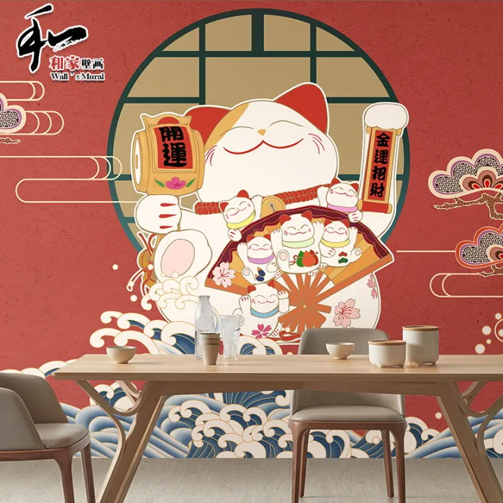 Japanese Japanese Style Lucky Cat Wallpaper Japanese Script Kill Decoration  Japanese Cartoon Hand Painted Sushi Dishes Restaurant Wallpaper | Lazada PH