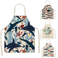 Marine Animals Printed Kitchen Aprons for Women Kids Sleeveless Cotton Linen Bibs Cooking Baking Cleaning Tools