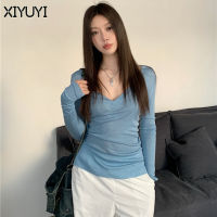 XIYUYI เสื้อยืดแขนยาวคอวีสีน้ำเงินสำหรับผู้หญิง,เสื้อตัวหลวมและบางสไตล์ขี้เกียจเข้าได้กับทุกชุด