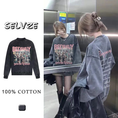 SELVZE Womens Crew Neck Sweatshirt ins Letter Print Washed Black Distressed High Quality Pullover