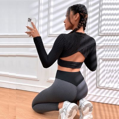 Women Sexy Fitness Tops Long Sleeve Yoga Outfit Shirts Sports Workout Stretchy Bubble Gym Running Wear Crop Top For Female