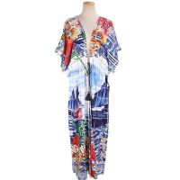 ชุดว่ายน้ำสตรียาวชุดว่ายน้ำ Cover Up Maxi Beach Dress Boho Deep V Neck ชุดฤดูร้อน Kaftan