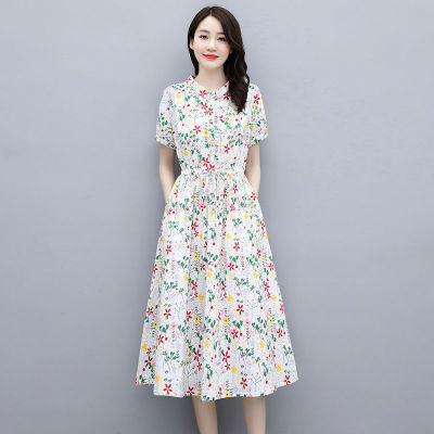 Dress 2021 Summer New Plus Size Womens Temperament Waist Slimming Short-sleeved Long Skirt Age-reducing Floral Skirt