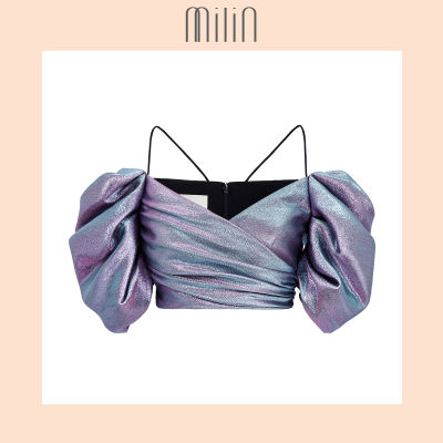 [MILIN] Firstclass Off shoulder neckline sleeves Front draped detail Metallic woven polyester short Puff sleeves crop top / เสื้อครอปท็อปผ้าทอเมทาลิคโพลีเอสเตอร์เปิดไหล่จับจีบแขนพอง สีม่วง /