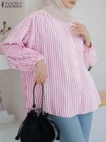 ZANZEA Eid Mubarek Fashion Muslim Tops Woman Stripe Printed Blouse O Neck 3/4 Sleeve Chemise Female Turkey Hijab Shirt 2023