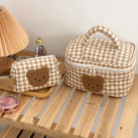 【cw】Cute Bear Khaki Makeup Bag Large Capacity Portable Cosmetic Bags Zipper Pure Cotton Plaid Brushes Pouch Case For Women Girls ！