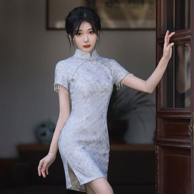 【Available】Fashion Improved Light Purple Cheongsam Print Tassel Short Sleeve Vintage Dress Women Costumes Short Qipao S To 2XL