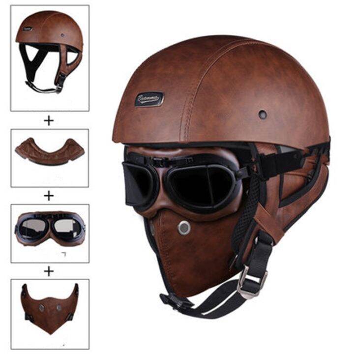Vintage Duitse Motorfiets Halve Helm ECEDOT Goedgekeurd Mannen Vrouwen Retro Open Gezicht Motorfiets Helm Met Bril Zomer Jet Motorfiets Helm Voor Fiets Cruiser Scooter 5,XL:61-62CM