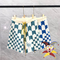 Checkerboard Stripde ถัก Jacquard กางเกงขาสั้นผู้ชายผู้หญิงสีเหลือง Drawstring กางเกงขนาดใหญ่