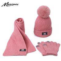 {Warm scarf}สามชิ้นผ้าพันคอหมวกชุดเด็กสาวเด็ก PomPon Beanies ถัก Skullies หมวกเด็กฤดูหนาวที่อบอุ่นขนสัตว์โครเชต์หมวก U Nisex