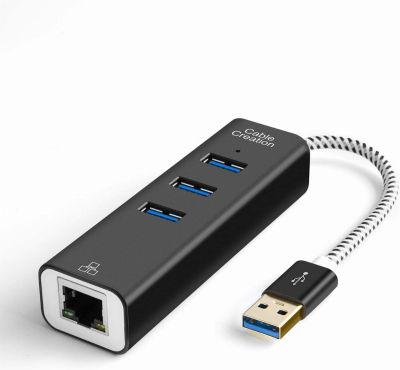 CableCreation 3-Port USB 3.0 Hub with Ethernet Adapter 10/100/1000 Mbps Gigabit Compatible with Windows PC, Laptop, MacBook Pro,USB Flash Drives etc, Aluminum Black 3-Port USB+ Ethernet