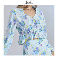 SS23 Blue Ocean Chiffon Blouse  เสื้อครอปผ้าชีฟอง PET  สอดยางยืดรูดแต่งวงคอ ช่วงตัวและปลายแขน เนื้อผ้าบางเบา สวมใส่สบาย BL-8230301