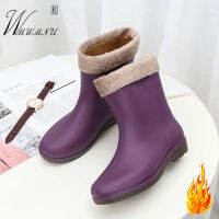 สีม่วง PVC กันน้ำ Comfort รองเท้ายางฤดูหนาว Warm Casual Slip บนแพลตฟอร์ม RainBoots หัวกลมสั้น Plush รองเท้าทำงาน ~