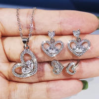 Fashion New Peach Zircon Love Necklace Three-piece Earring Ring Set for Women Bride Engagement Wedding Jewelry Accessories