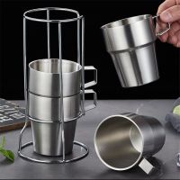 【CW】4pcs Outdoor Camping Stainless Steel Cups Set Tea Coffee Beer Mug with Rack Portable Picnic Drinking Water Cup for Hiking Travel