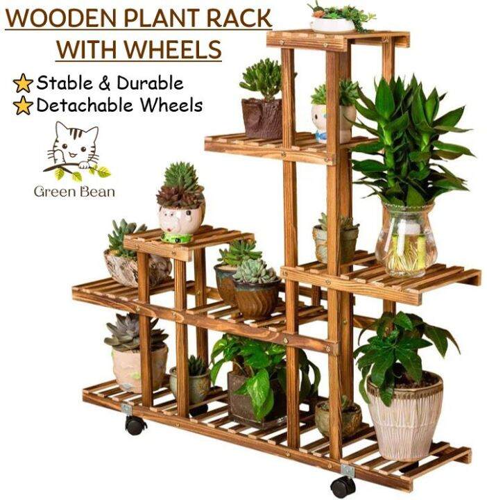[SG SELLER]Plant Rack With Wheels Wooden Plant Rack Flower Shelf Plants