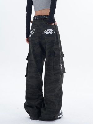 ชุดฮิปฮอปกางเกงผู้หญิงคาร์โก้ลายพรางย้อนยุคสำหรับ Y2K ย้อนยุคของผู้หญิงกางเกงขายาวกว้างปักลายดาวแนวสตรีท
