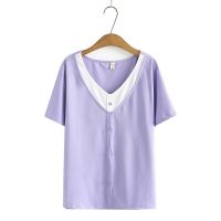 【มีไซส์ใหญ่】Plus Size XL-4XL Womens Short Sleeve Summer Tops Oversized Slim False Two Pieces Knitted Shirts Large Size Vintage Top