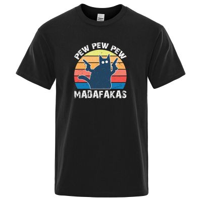 Plus Size Pew Pew Madafakas T Shirt Men Novelty Cool T-Shirt Funny Cat Vintage Tshirt Hip Hop Summer Tops Shirts Crew Neck Black Clothing