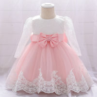 Girl Bow Dress Baby Toddler Dress Kids Princess Dress Long Sleeve Lace Dress Contrasting Colors Party Wedding Birthday Ball Gown