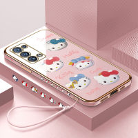 เคสโทรศัพท์สำหรับ OPPO Reno6 Pro 5G/Reno6 Pro + 5G/Reno6 Pro 5G ฟรีสายคล้อง + การ์ตูนน่ารัก Hello Kitty เคสโทรศัพท์สำหรับสาวๆรูปแบบขอบสี่เหลี่ยมปลอกชุบเคสโทรศัพท์หรูหราเคสนิ่มสำหรับโทรศัพท์