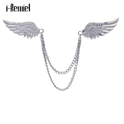 Vintage Crystal Angel Wings Brooches Pins Metal Chain Shirt Collar Lapel Pin Brooch for Men Women Fashion Jewelry Accessories