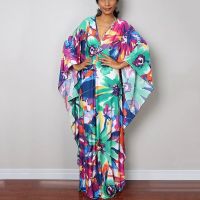 COD DSTGRTYTRUYUY 20223 Beach Kaftan Dress for Women V-neck Loose Printing Robe Sun Protection Modern Bohemian Dress