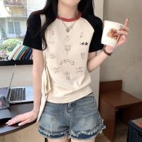 ♝ 63663 Spring Summer Korean Style Loose Raglan Shoulder Contrast Color Printed Pure Cotton Short-Sleeved T-Shirt