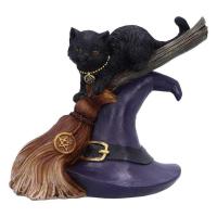 Black Magic Cat with Broom Ornaments Resin Figure Wizard Figurines Table Art Original Gifts Cute Miniatures Modern Room Decor there