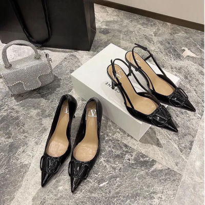 vt 2023 summer new V buckle pointed toe shallow mouth black stiletto high-heeled shoes womens patent leather high heel sandals