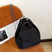 Black Design Fashion Backpack for Women 2022 Spring and Summer Casual Travel Drawstring Chain Bucket Bags Girls Nylon Back Packs