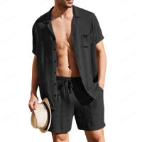 H Summer Sports Short Sleeve Shorts Set Linen Loose Casual Shirt