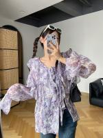 Son chuan printed fashionable feeling han edition long-sleeved shirt is prevented bask in clothes female 2023 summer new agaric edge cardigan 8329