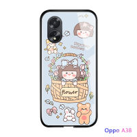 เคสใส่โทรศัพท์สำหรับ OPPO A38 A18หรูหราเคสฝาหลังกระจกเทมเปอร์เคสมันวาวลายการ์ตูนเด็กผู้หญิงน่ารัก