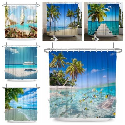 Summer Seaside Shower Curtain Beach Palm Trees Landscape Bathroom Curtains Waterproof Fabric Washable Bath Screen with Hooks