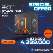 CPU AMD Ryzen 5 7600  3.8GHz Boost 5.1GHz 6 nhân 12 luồng 38MB AM5 NEW